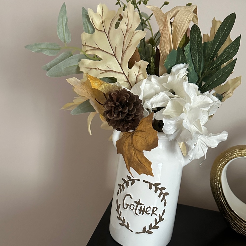 Gather White Ceramic Vase with Faux Floral Arrangement